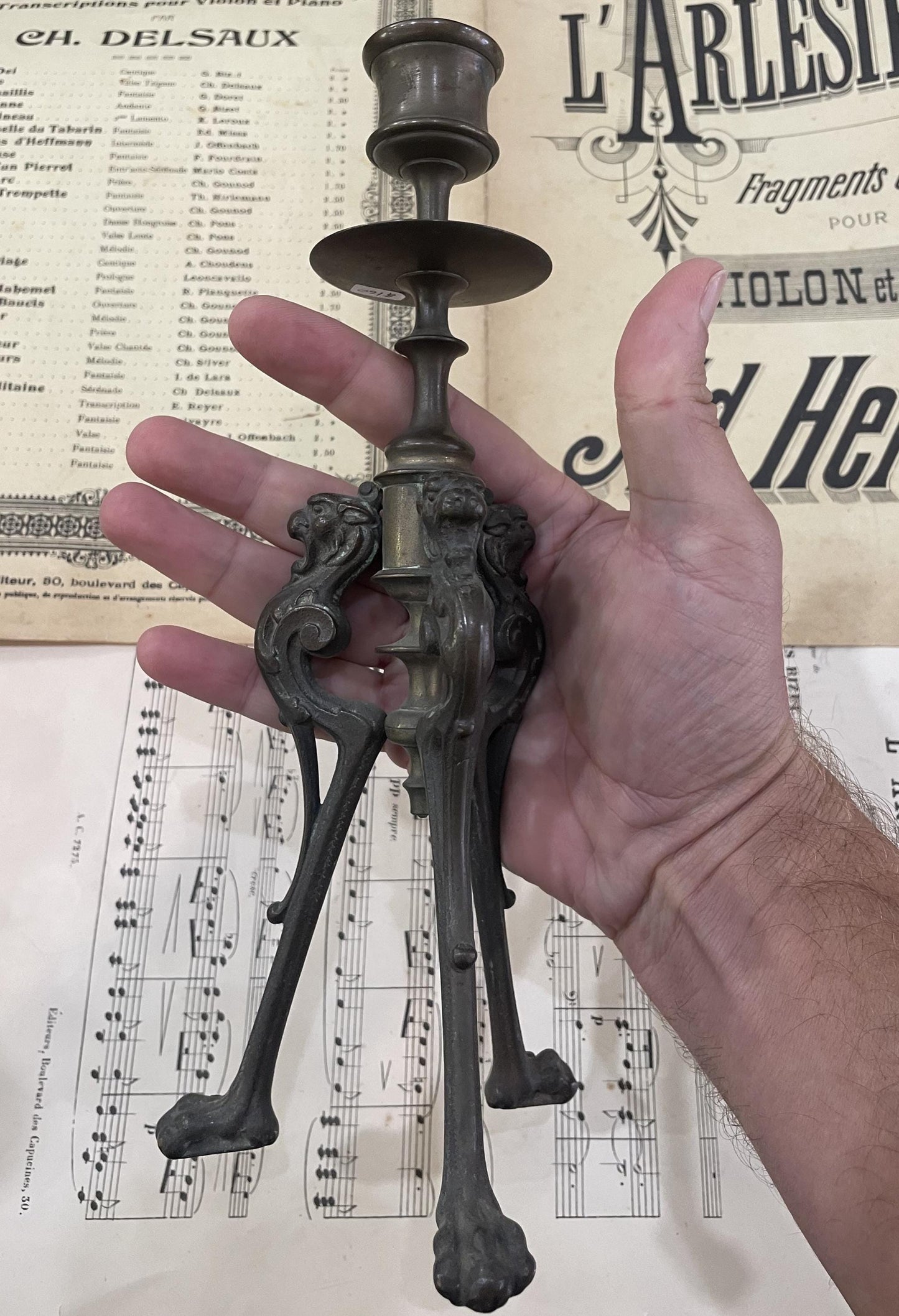 Antique French Art Nouveau Bronze Candlestick Holders Lions c1880