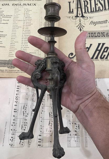 Antique French Art Nouveau Bronze Candlestick Holders Lions c1880