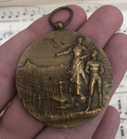 Rare Large Antique French Bronze Medal Gymnastics c1926