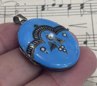 Rare Antique French Art Nouveau Enameled Locket Pendant cultured Pearls c1900