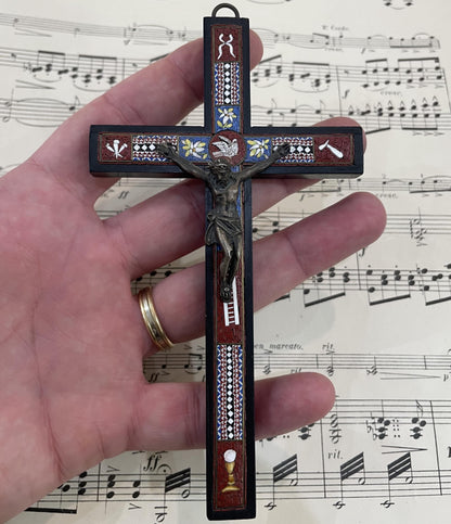 Rare Antique Italian Micro Mosaic Micromosaic Cross Crucifix Bird Set in Wood c1900