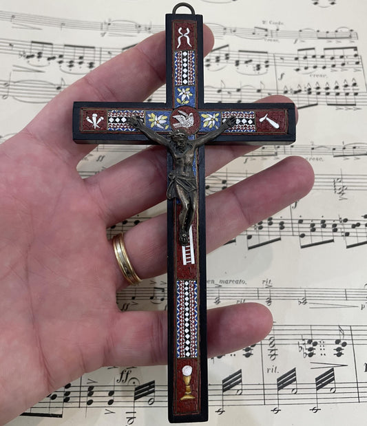 Rare Antique Italian Micro Mosaic Micromosaic Cross Crucifix Bird Set in Wood c1900