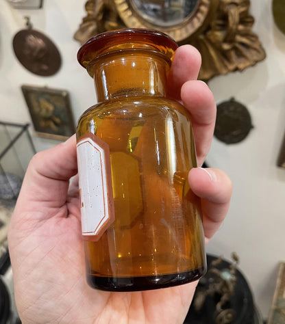 Small Antique French Apothecary Bottle Amber Glass Cupr. Oxydat. c1880