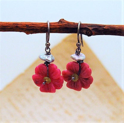 Dangle Pink Rhodonite Cherry Blossom Earrings with pearls, peridot and sterling earwires