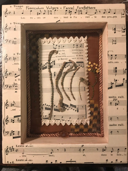 Fennel Forefathers shadow box with fennel roots, embroidery and vintage Japanese kimono silk