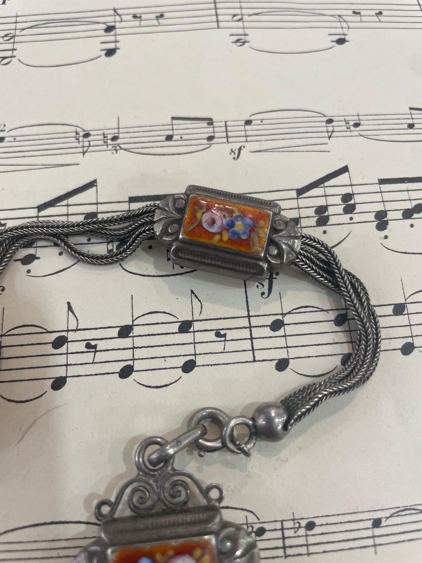 Rare Antique French Enameled Sterling Silver Pocket Watch Chain c1890