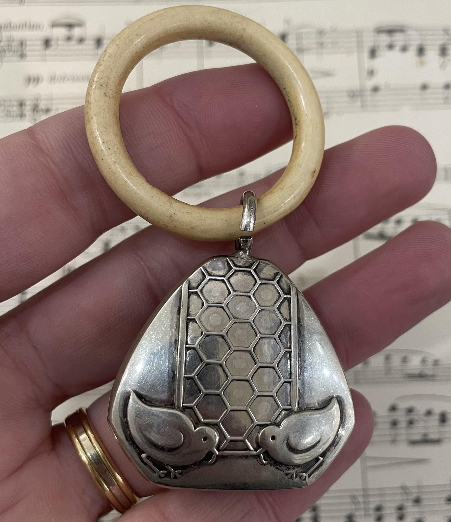 Antique French Art Deco Sterling Silver Baby Rattle Chicken Chicks c1920