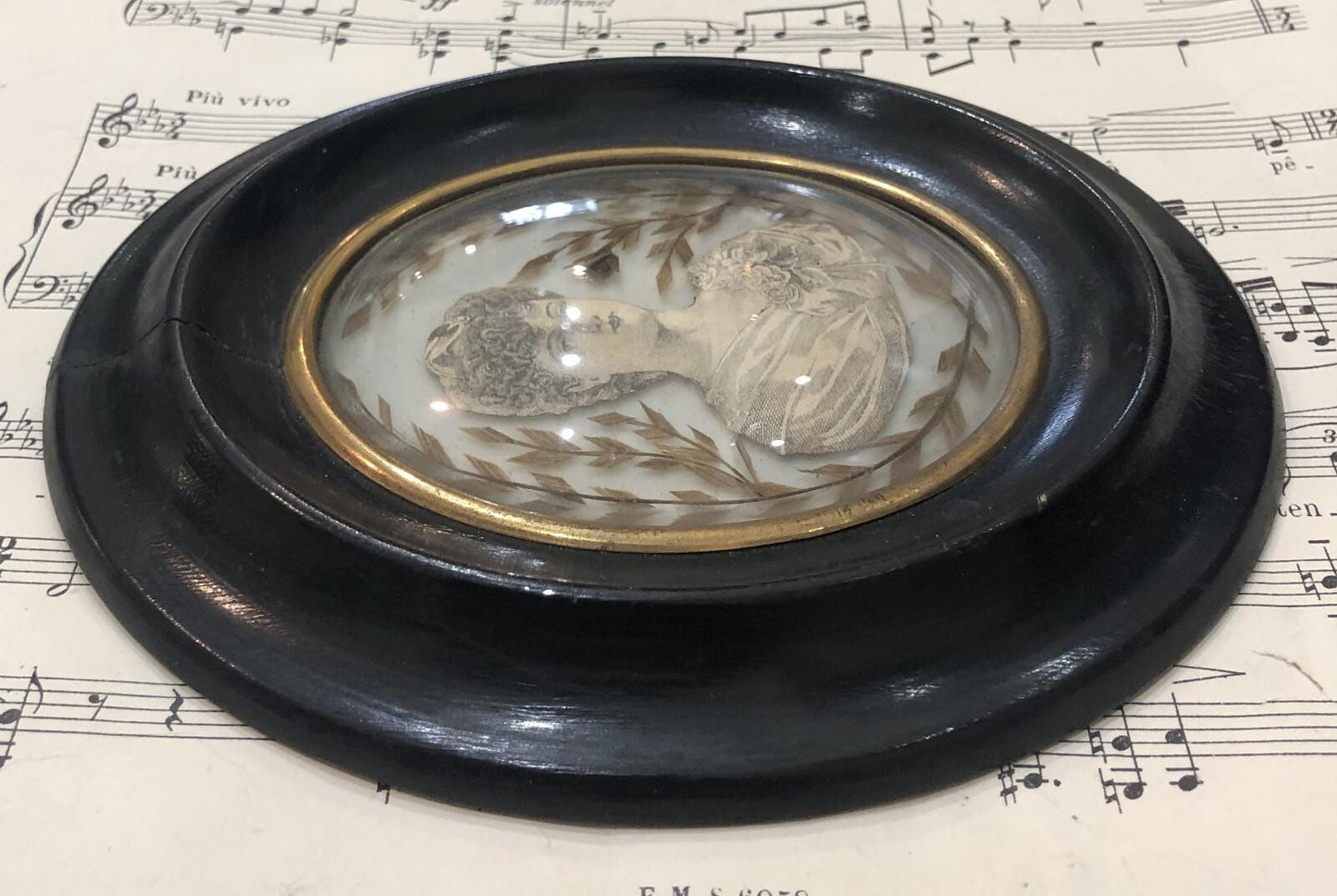 Rare Antique French Mourning Hair Art Domed Glass Wooden Frame Woman c1880