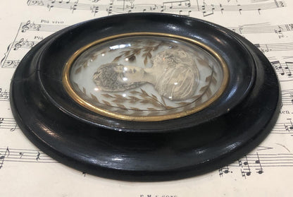 Rare Antique French Mourning Hair Art Domed Glass Wooden Frame Woman c1880