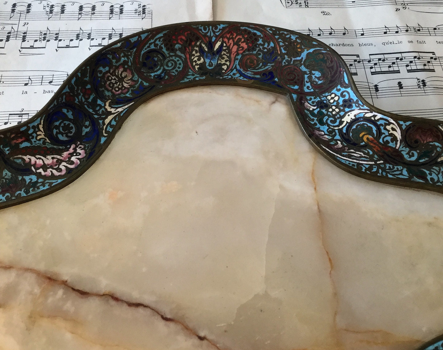 Rare Large Antique French Bronze Champleve Enamel Onyx Tray Platter Centerpiece c1880