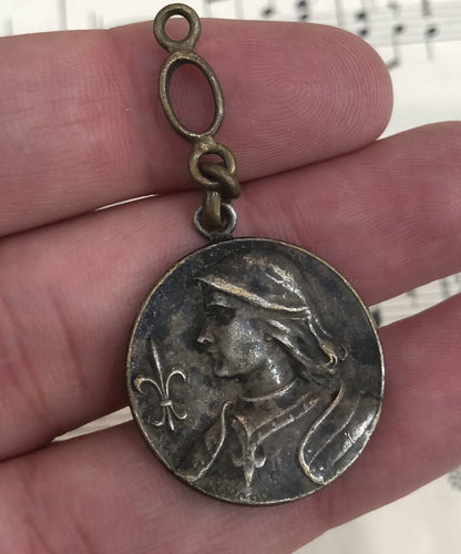 Antique French Joan of Arc Medal / Chatelaine Fleur de Lys c1900