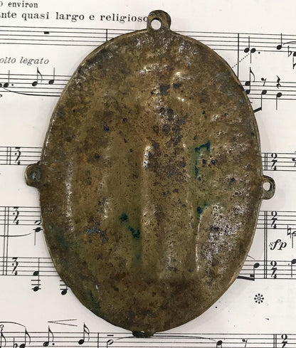 Rare Large Antique French Bronze Virgin Mary Icon Plaque Medal c1800