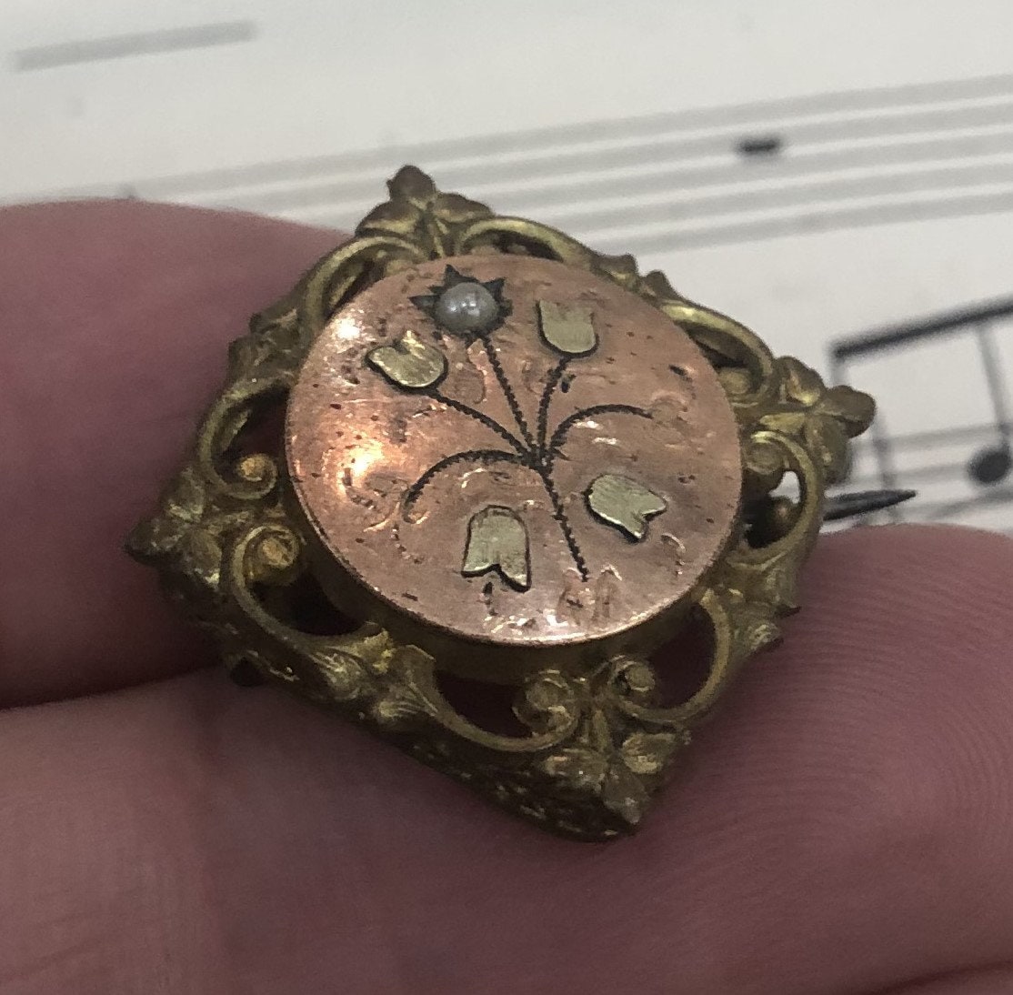 Antique French Art Nouveau Gold Plated Brooch Pendant Flower Pearl c1900