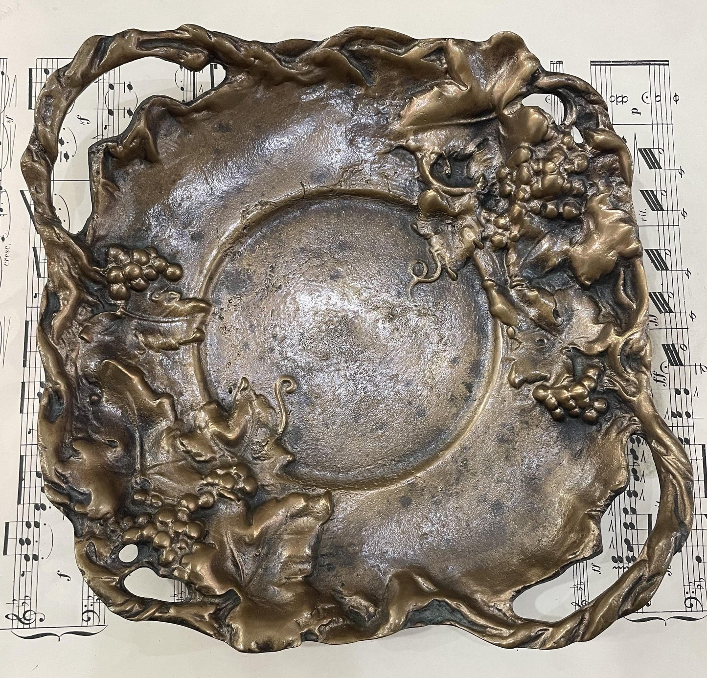 Large Antique French Art Nouveau Bronze Tray with Grapes Vines Signed Dommartin c1920