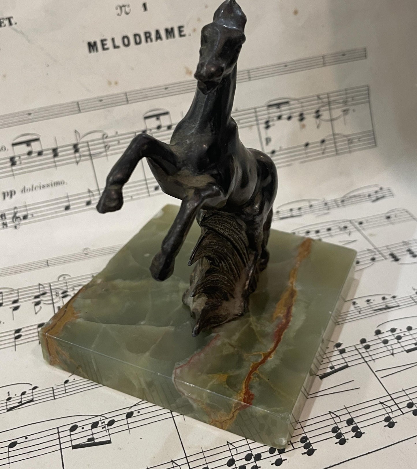 Antique French Horse Sculpture on Green Onyx c1920