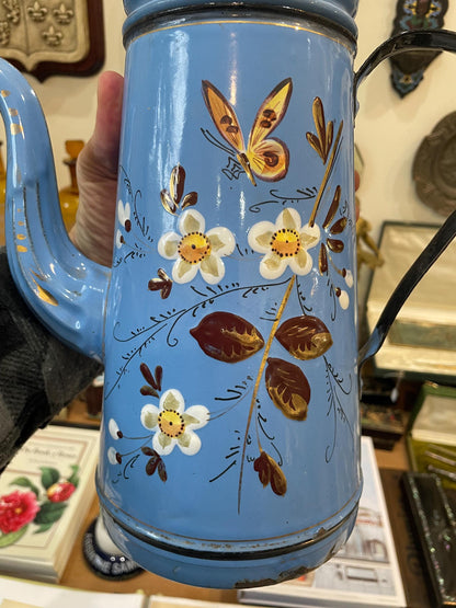 Rare Antique French Enamelware Coffee Pot Butterfly Flowers c1920