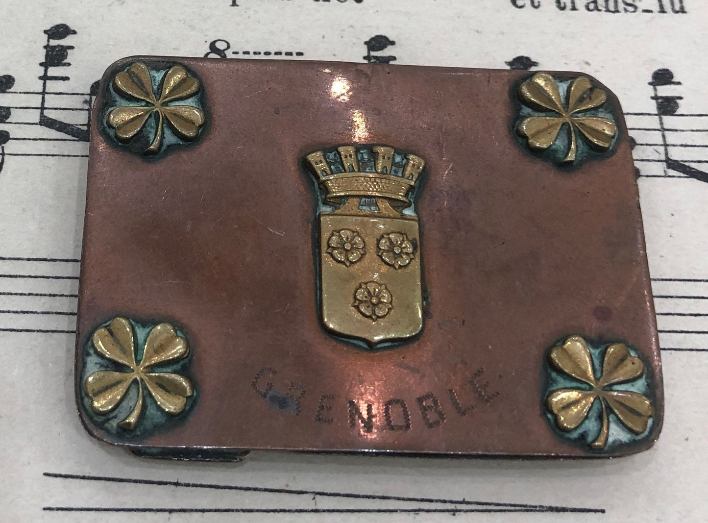 Antique French Copper Stamp Box Grenoble Four Leaf Clover c1900