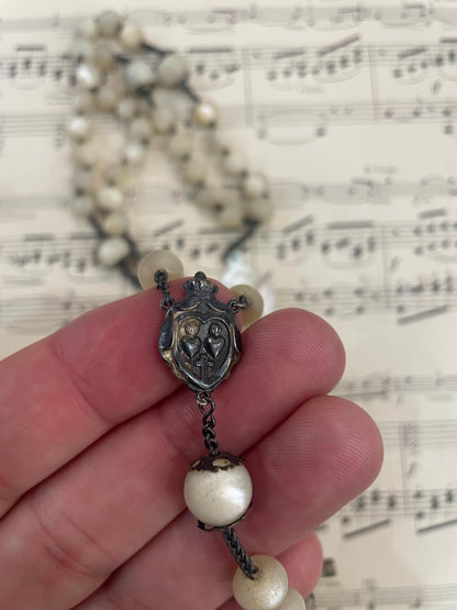 Rare Antique French Mother of Pearl Sterling Silver First Communion Rosary c1880