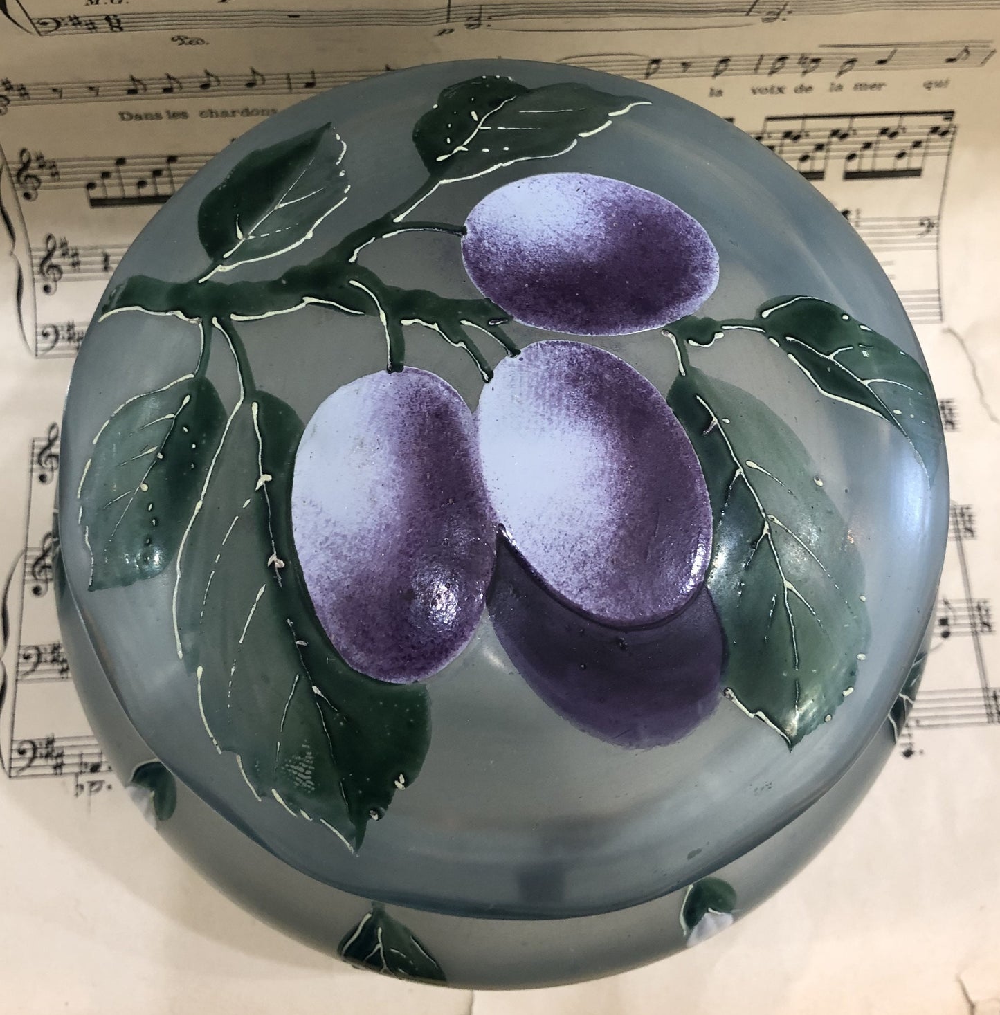 Rare Large Antique French Gilt Brass Glass Hand Painted Enameled Box Fruits Plums c1900