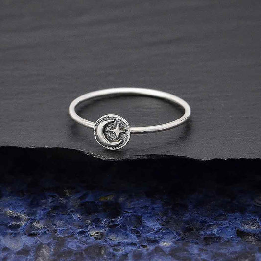 Sterling Silver Raised Moon and Star Stacking Ring: 8
