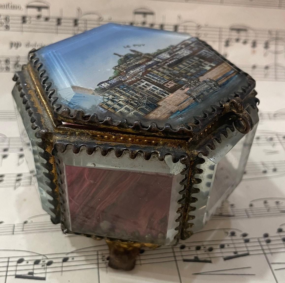 Antique French Eglomise Souvenir Jewelry Box Casket Le Puy c1900