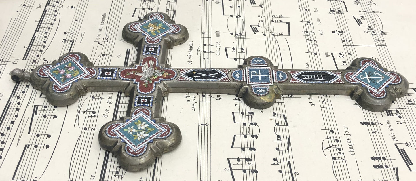 RARE Large Antique Italian Micro Mosaic Micromosaic Cross Crucifix Bird Anchor Grapes Flowers c1900