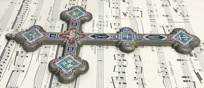 RARE Large Antique Italian Micro Mosaic Micromosaic Cross Crucifix Bird Anchor Grapes Flowers c1900