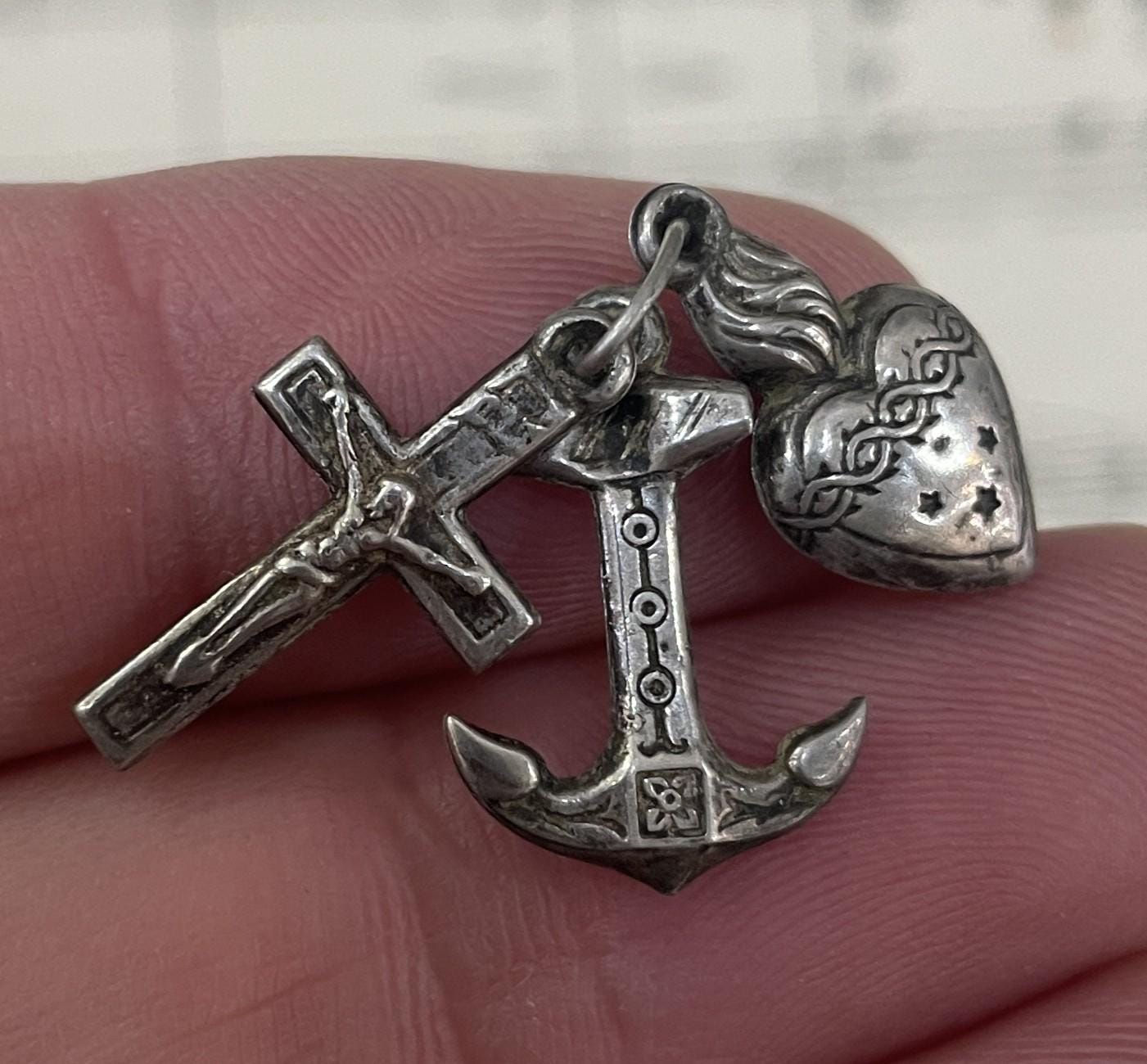 Antique French Sterling Silver Charity Faith Hope Virtue Pendant c1900