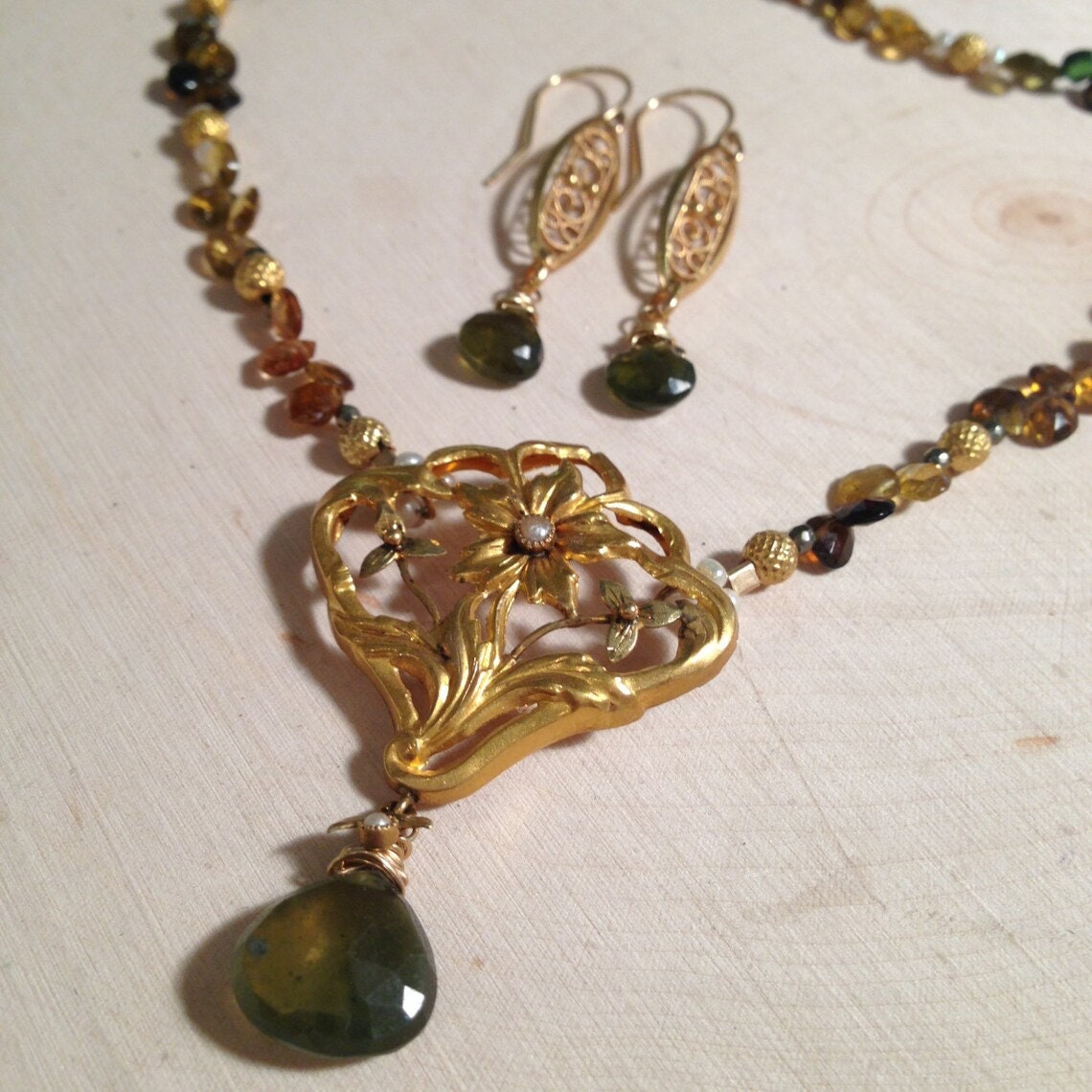 18k Art Nouveau Flower and Tourmaline Necklace and Earrings Set by Andrea SAVAR