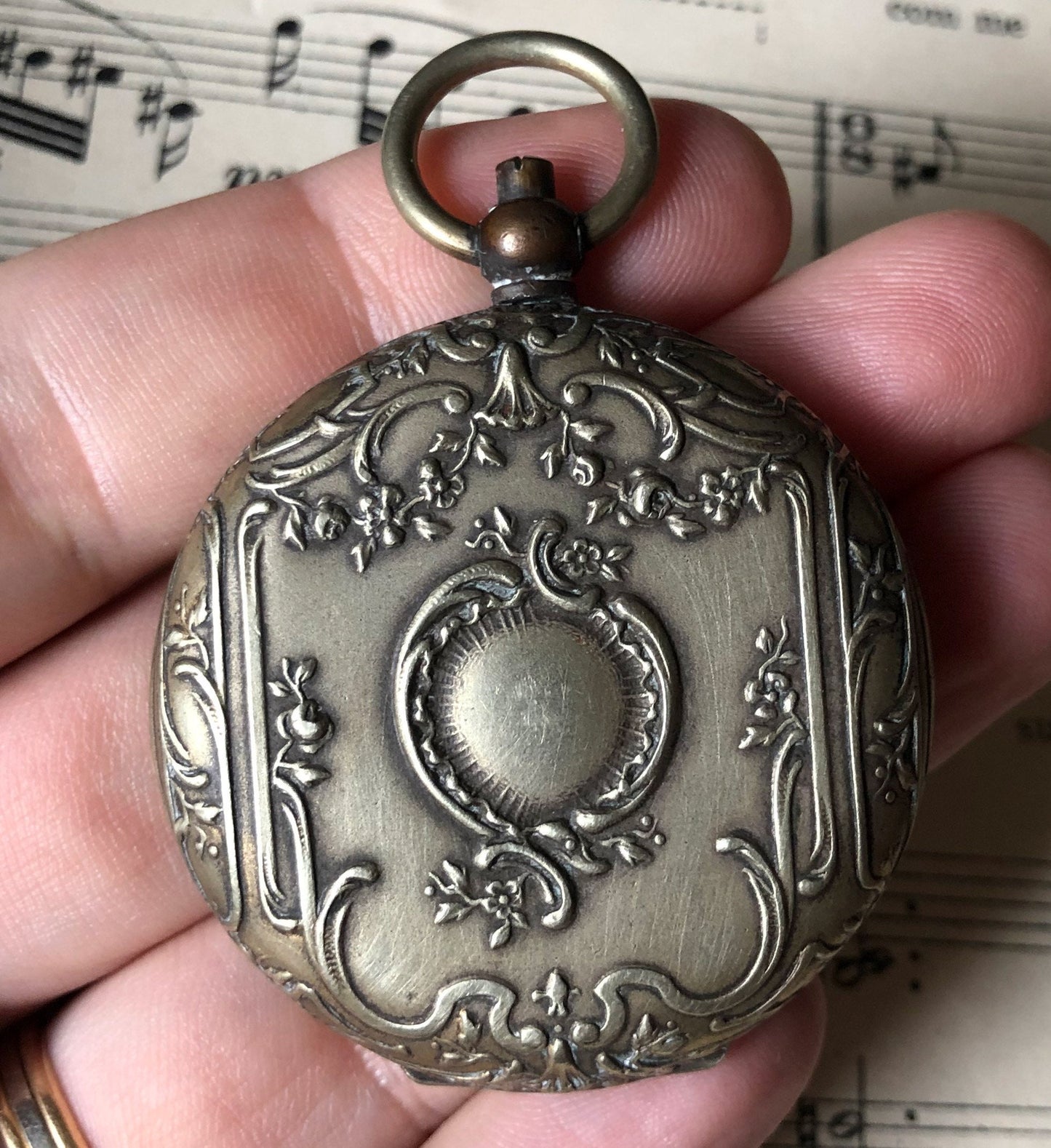 Antique French Art Nouveau Pendant Locket Music Flowers c1900
