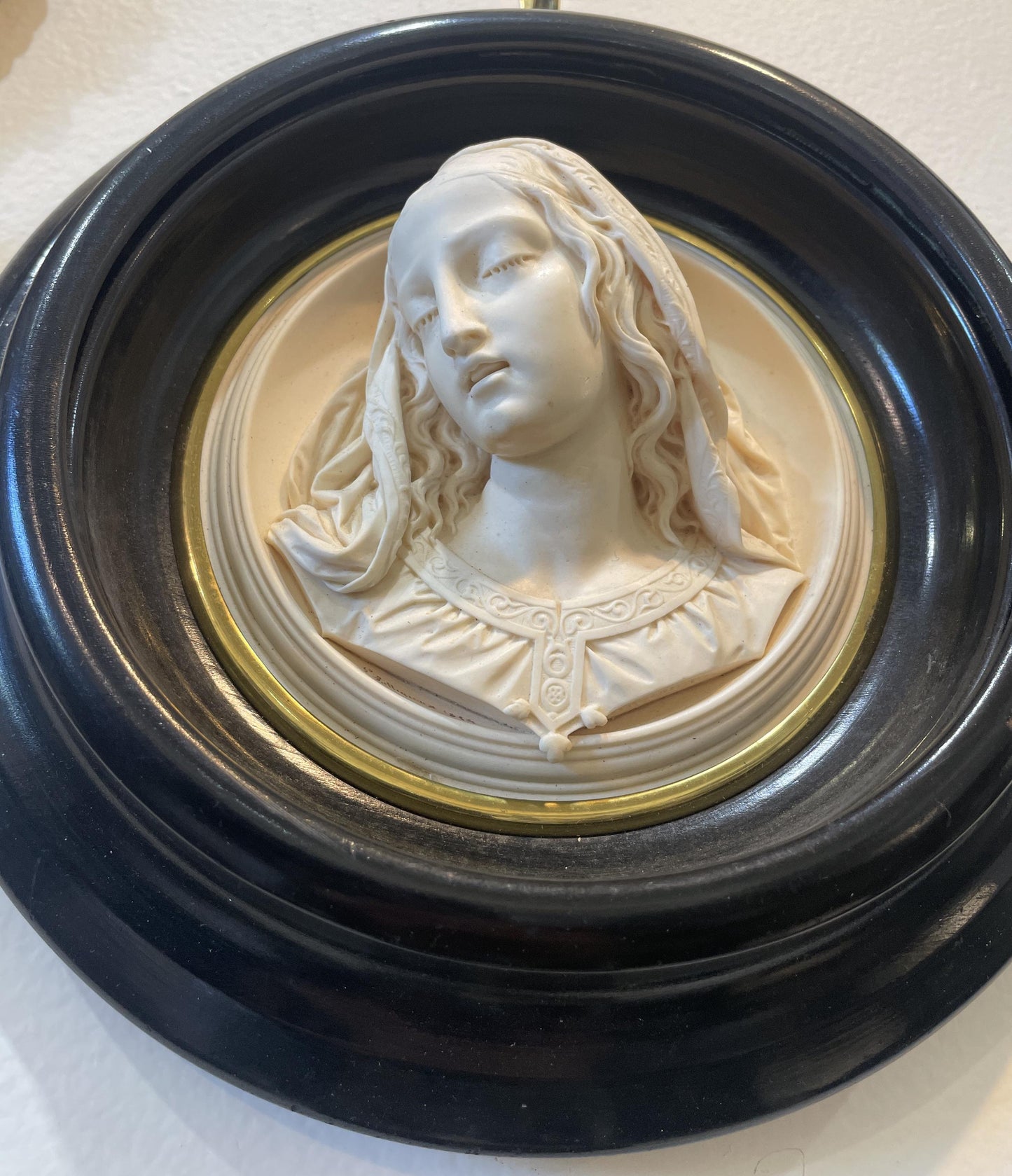 Rare Large French Antique Carved Plaster Mary Signed Wall Icon c1854