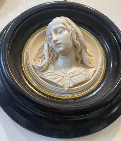 Rare Large French Antique Carved Plaster Mary Signed Wall Icon c1854