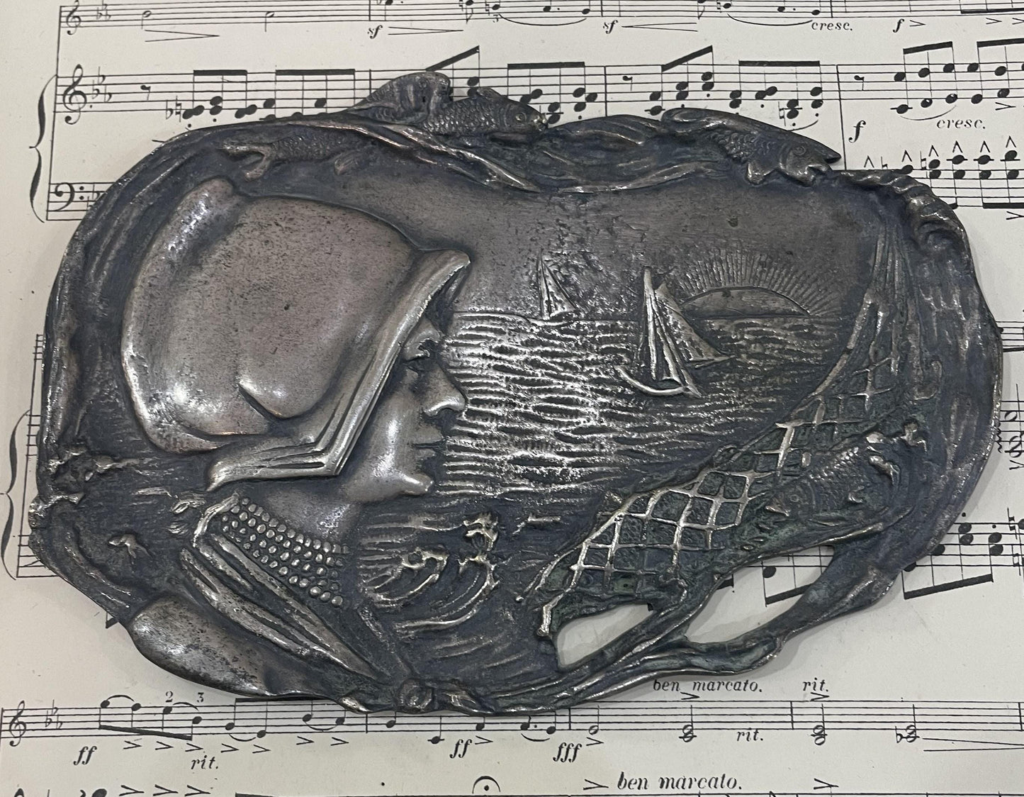 Antique French Art Nouveau bronze tray (maritime scene, fish, boat) c1920