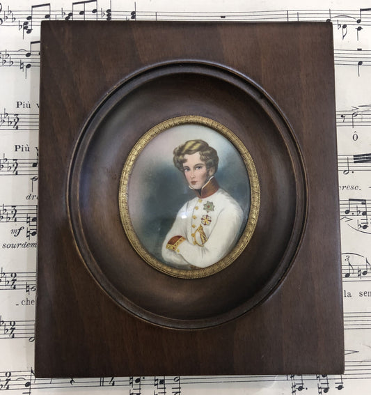 Antique French Miniature Portrait Napoleon II wooden frame Domed Glass c1900