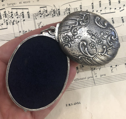 Rare Antique French Art Nouveau Sterling Silver Flower Sliding Mirror Pendant c1900