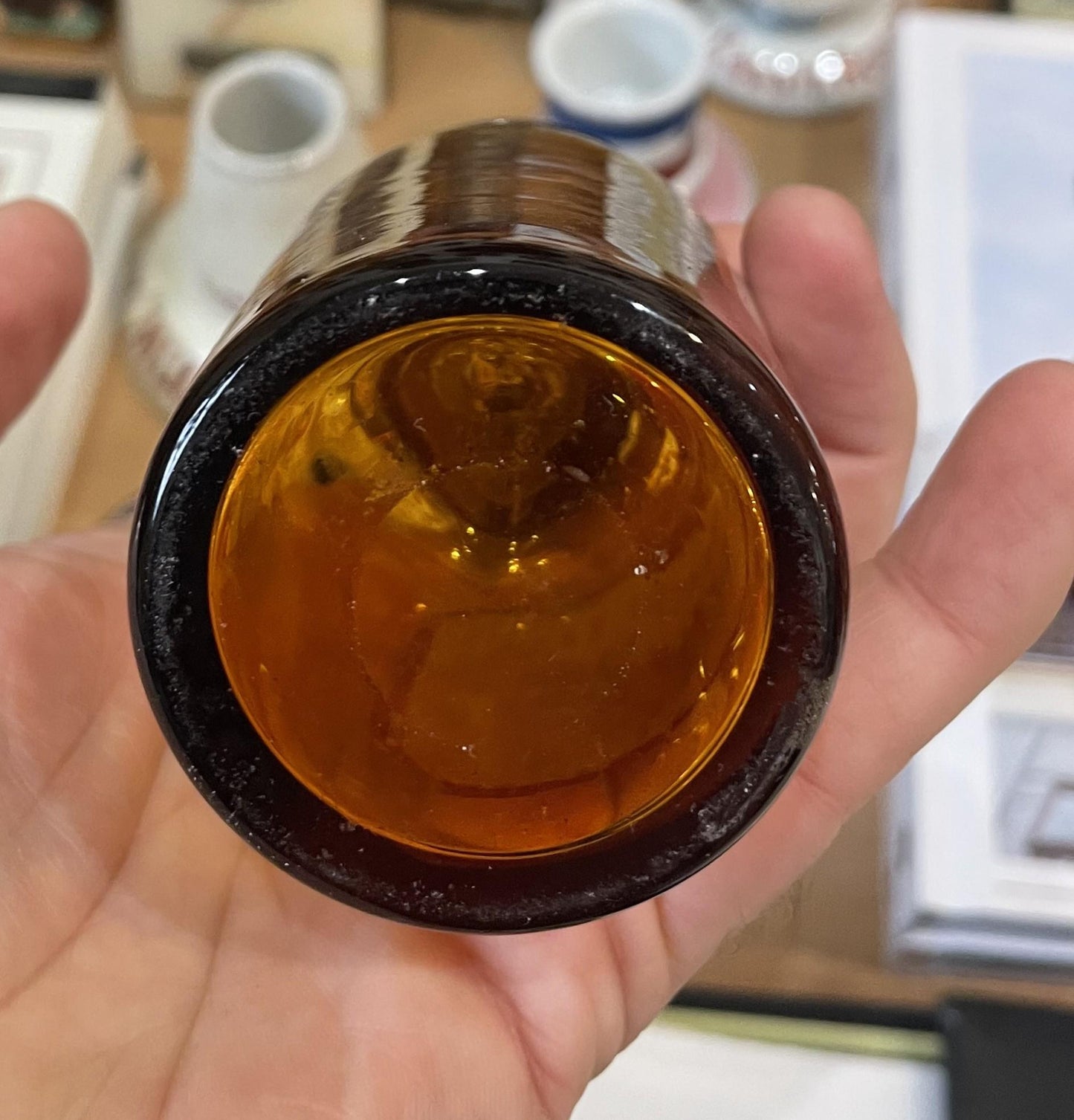 Small Antique French Apothecary Bottle Amber Glass Tartar. Stibiat. c1880