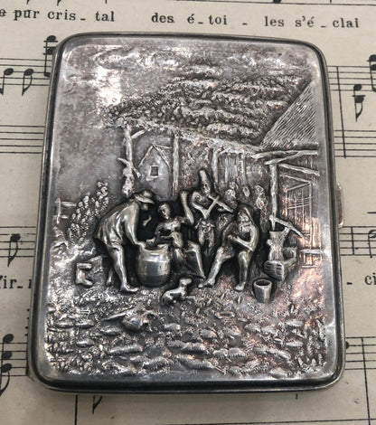 Antique French Art Nouveau Cigarette Case Farm Party Scene c1920