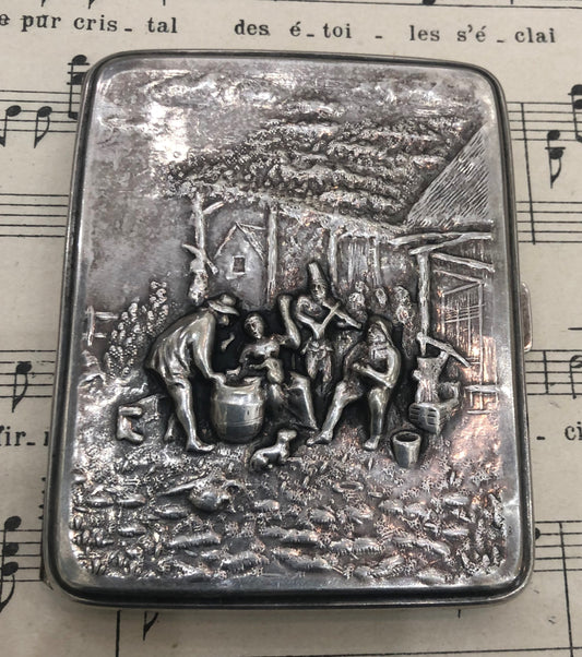 Antique French Art Nouveau Cigarette Case Farm Party Scene c1920