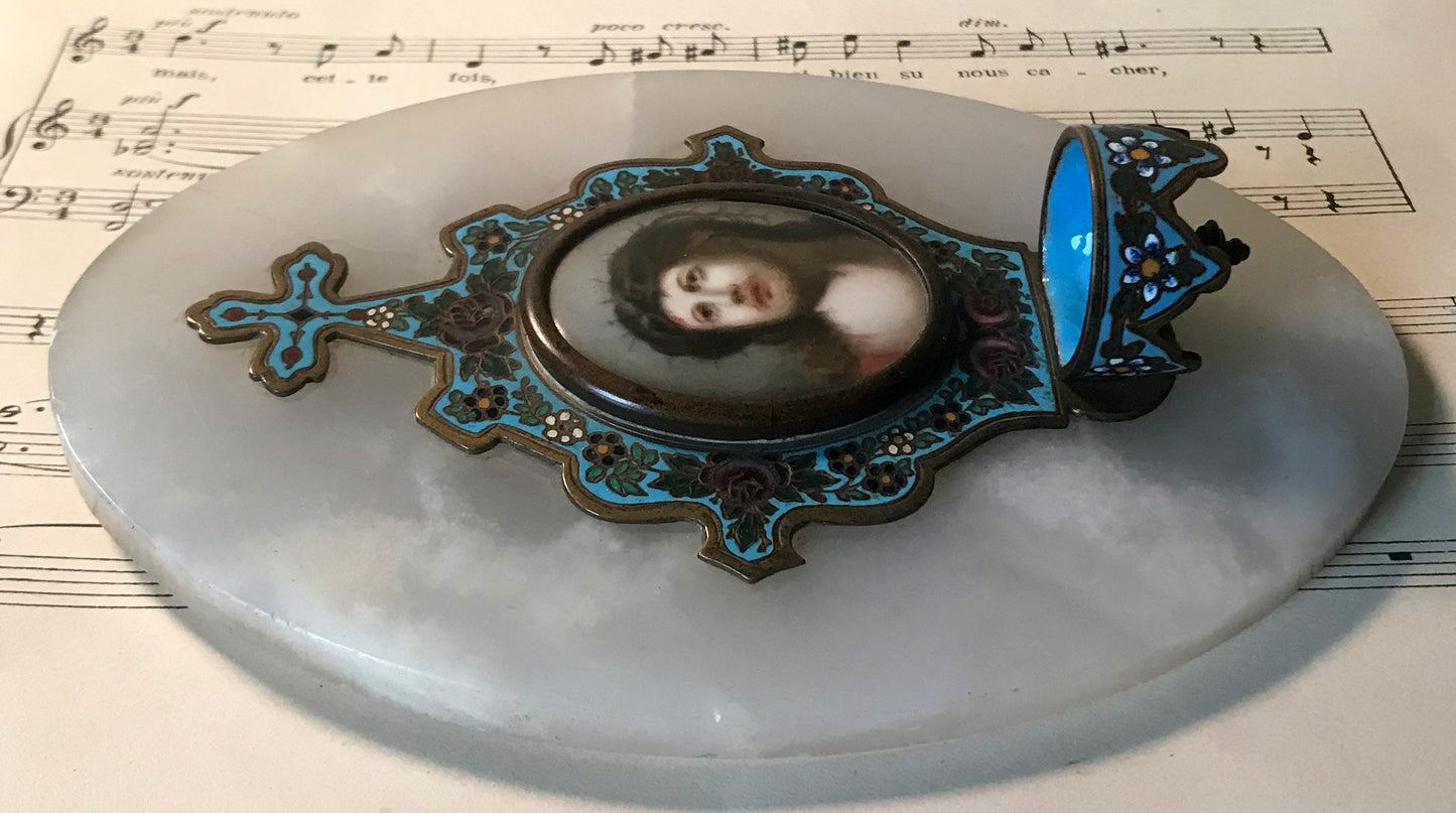Antique French Champleve Enamel Hand Painted Porcelain Holy Water Font Jesus c1880