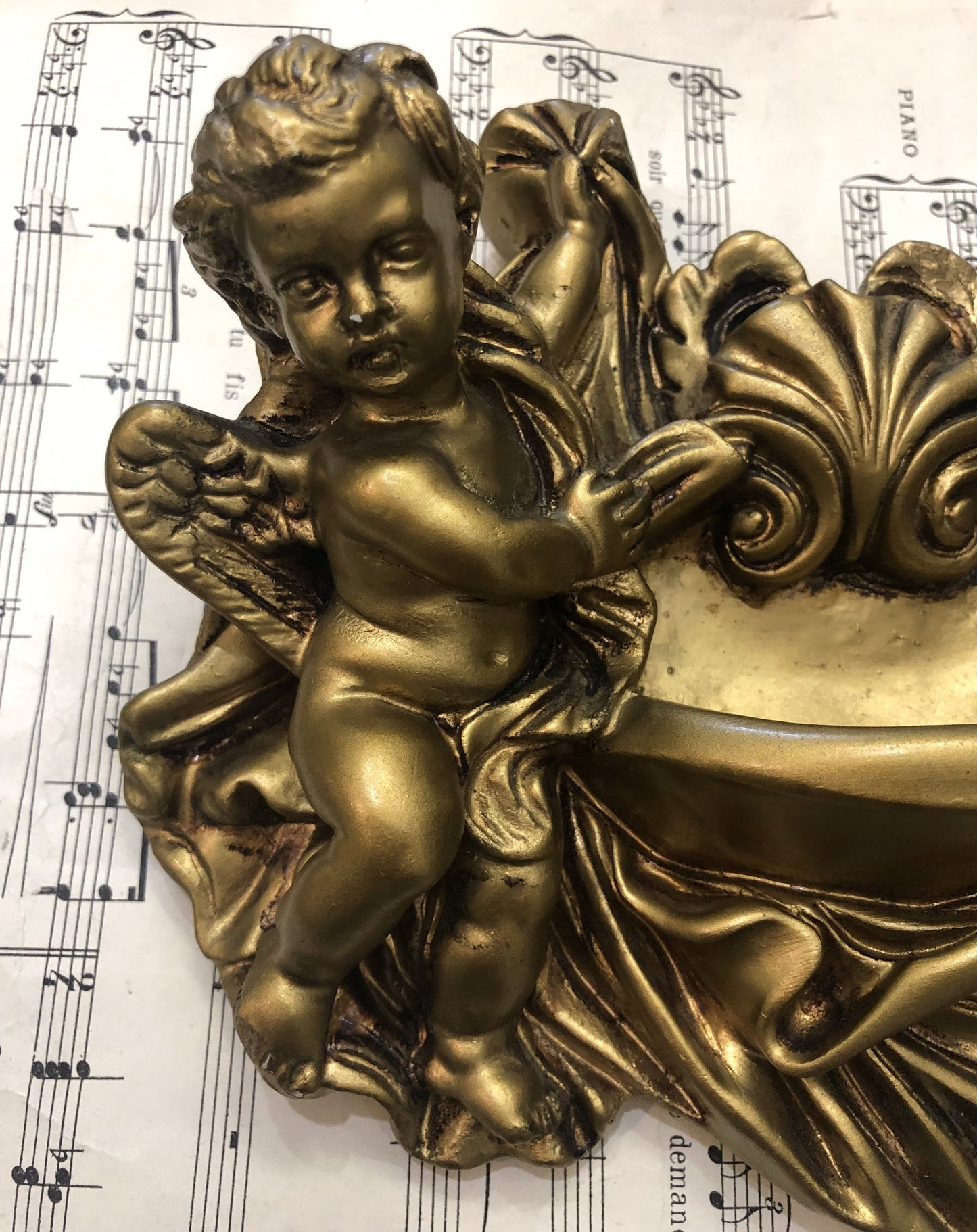 Rare Antique Italian Carved Plaster Gold Paint Angel Holy Water Font c1920