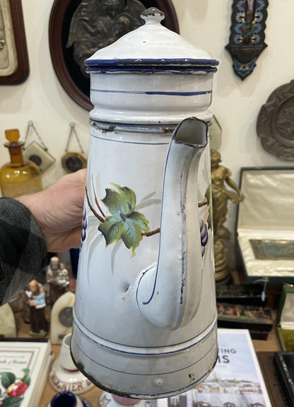 Rare Antique French Enamelware Coffee Pot Grapes Vine c1920
