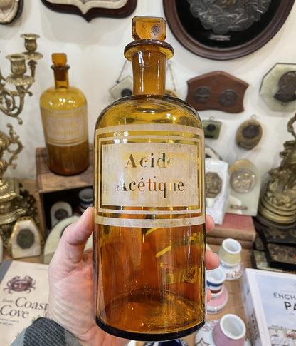Rare Large Antique French Apothecary Bottle Amber Glass Acide Acetique c1880