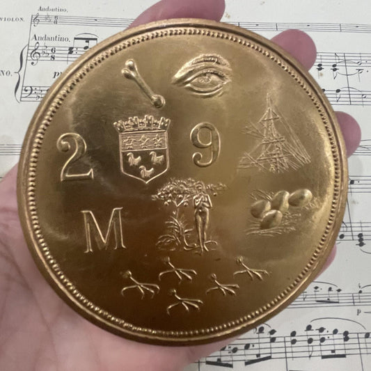 Large Vintage French Bronze Medal Rebus New Year Wishes Signed Marcel Jean c1977