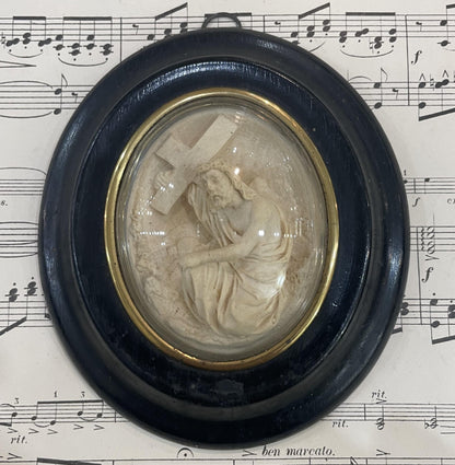 Antique French Carved Plaster Jesus Carrying Cross Domed Glass c1900