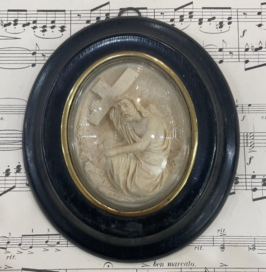 Antique French Carved Plaster Jesus Carrying Cross Domed Glass c1900