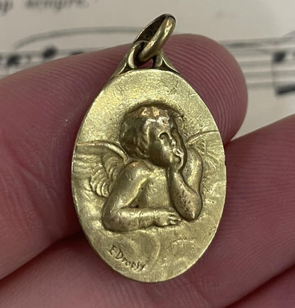 Antique French Gold-Filled First Communion Angel Religious Medal Signed Dropsy c1930