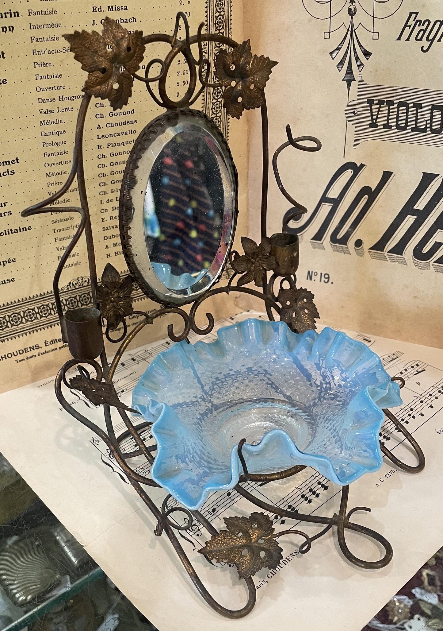 Rare Antique French Pocket Watch Holder Mirror Glass Tray c1880