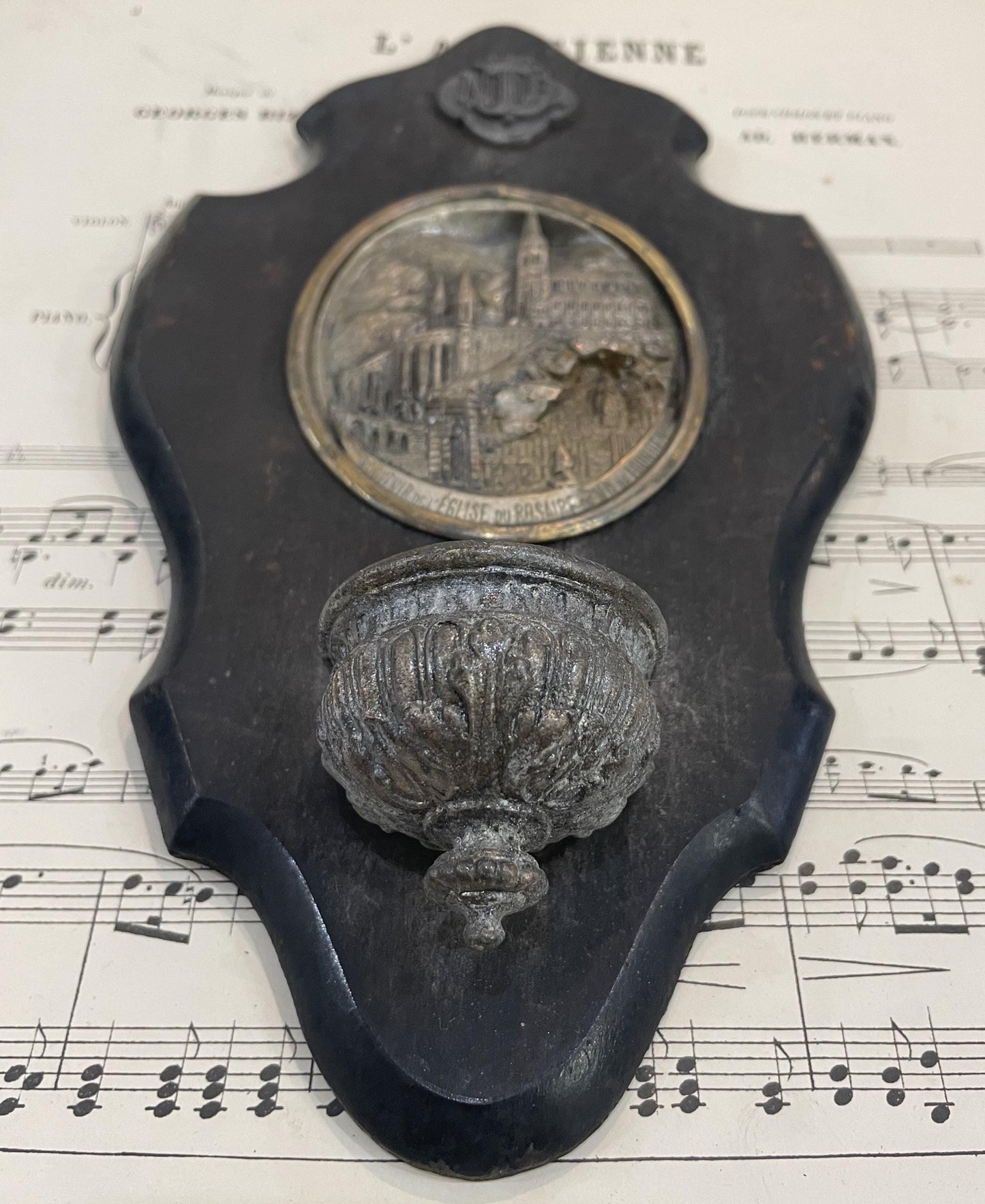 Rare Antique French Art Nouveau Wooden Holy Water Font Lourdes c1900