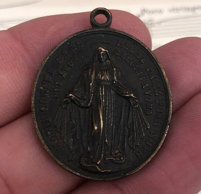 Large Antique French Bronze Medal Pendant Vincent de Paul Miraculous Madonna c1900