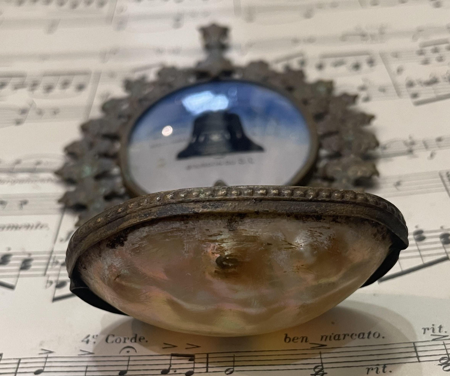 Small Antique French Sacre Coeur Montmartre Bell Holy Water Font Mother of Pearl c1920